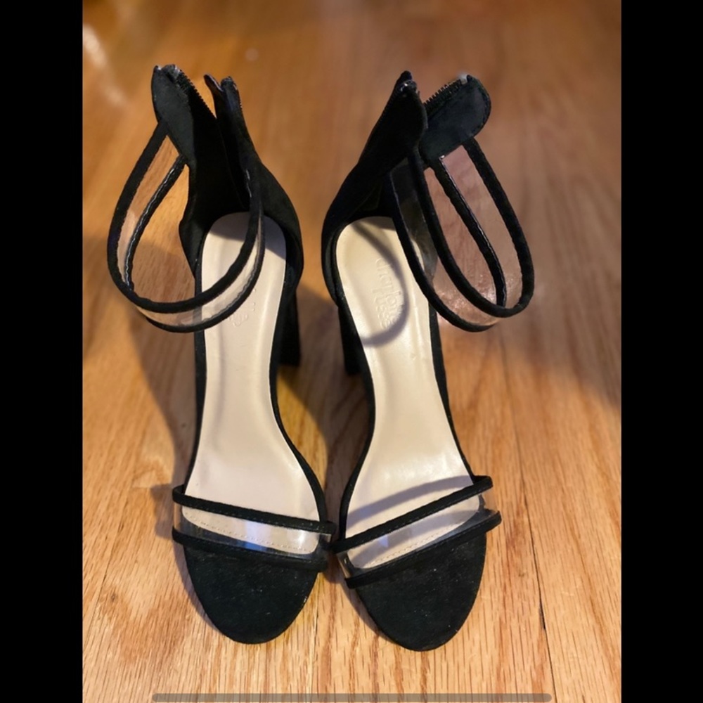 Black and clear T strip heels